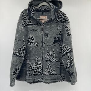 Woolrich Full Zip Hooded Fleece Jacket Womens L Gray Winter Horses Snowflake USA